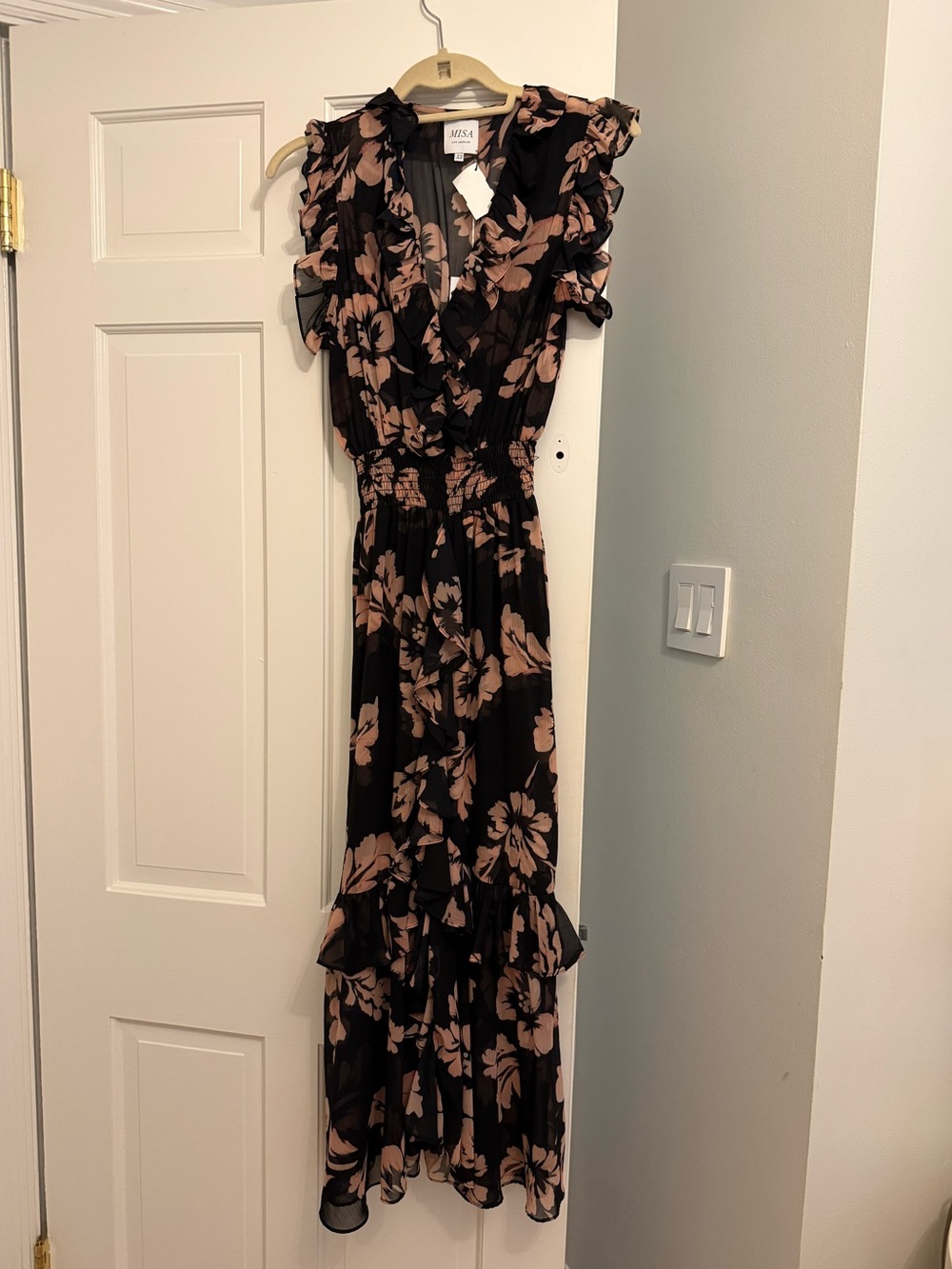 Misa Los Angeles Black Maxi Dress with Blush Floral Print